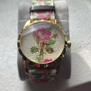 Gucci Women's Watch with Gold and Pink Floral Design